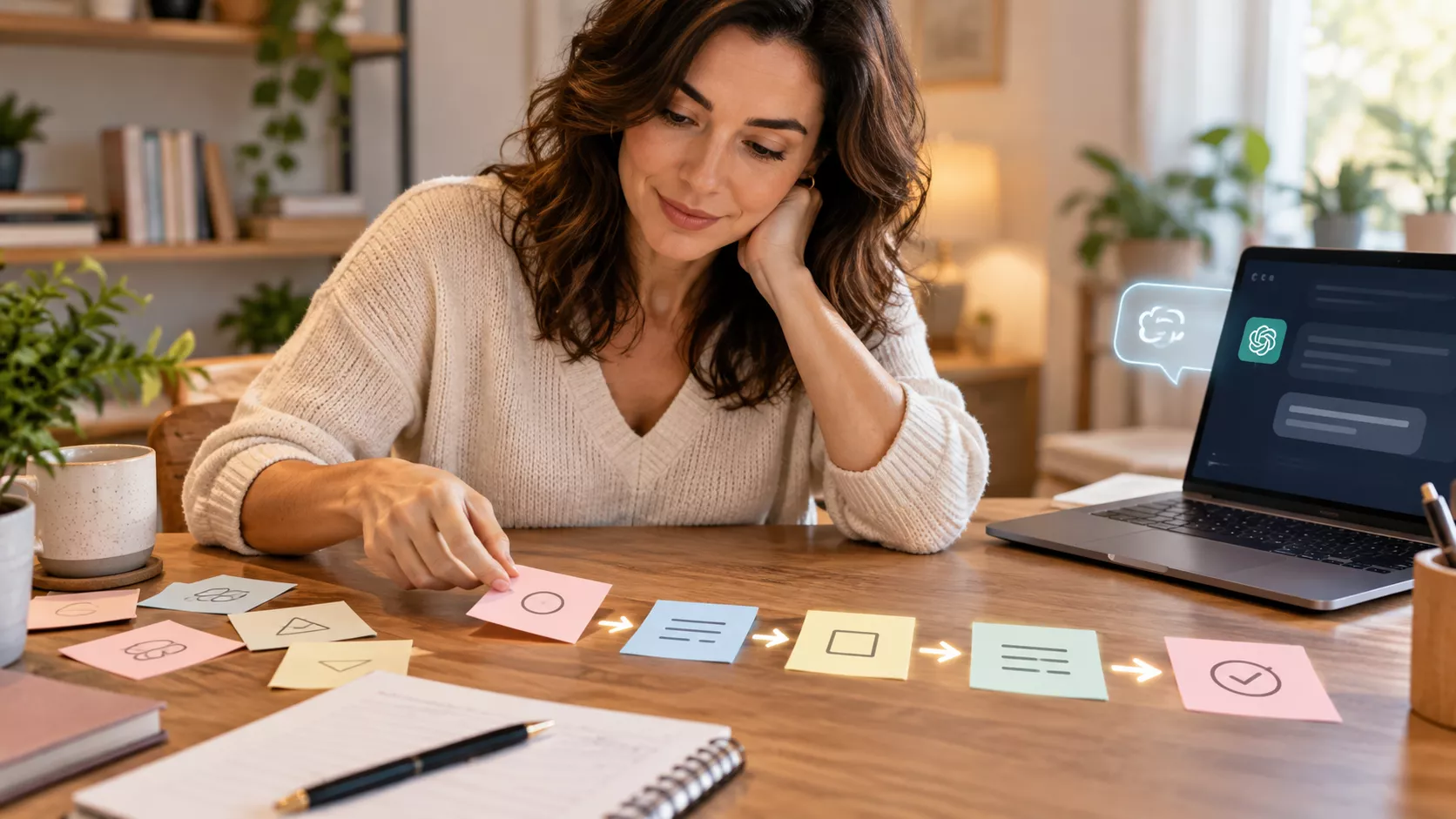 Mulher organizando cartões em sequência ao lado de um notebook com assistente de IA, representando uma tarefa confusa dividida em etapas claras.